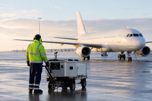 Ground crew in high-visibility clothing beside ground support equipment and an aircraft