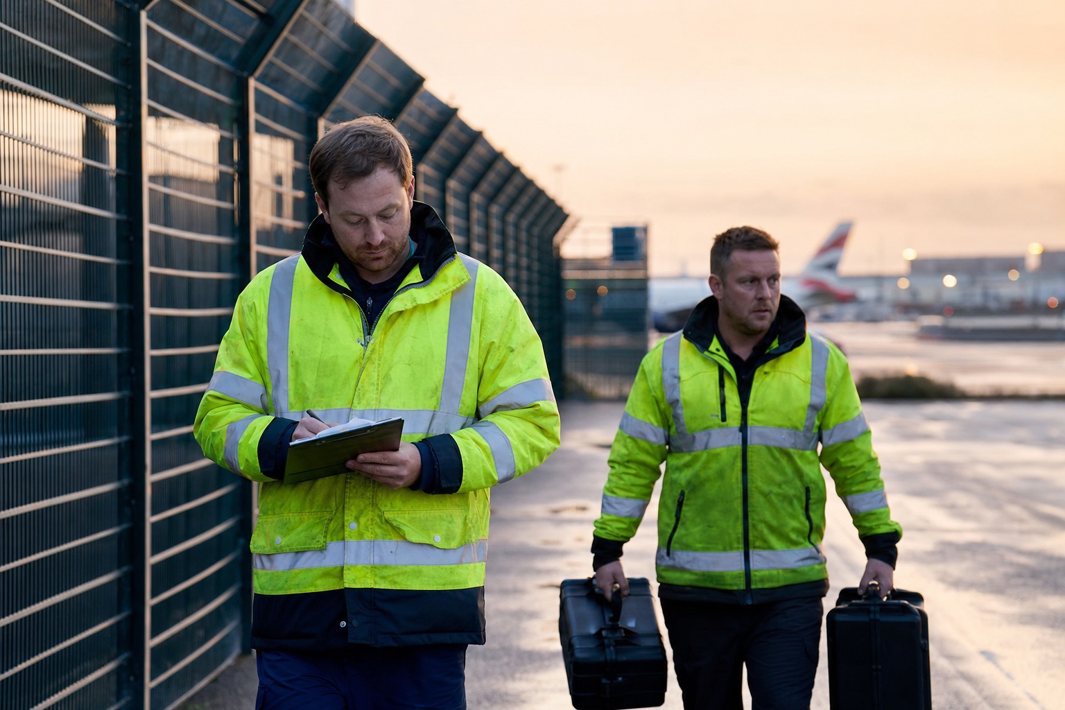 Airside contractors reviewing work details on the airport service lane