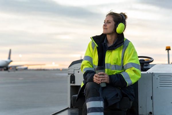Airside worker on the apron at golden hour, a calm moment after a shift